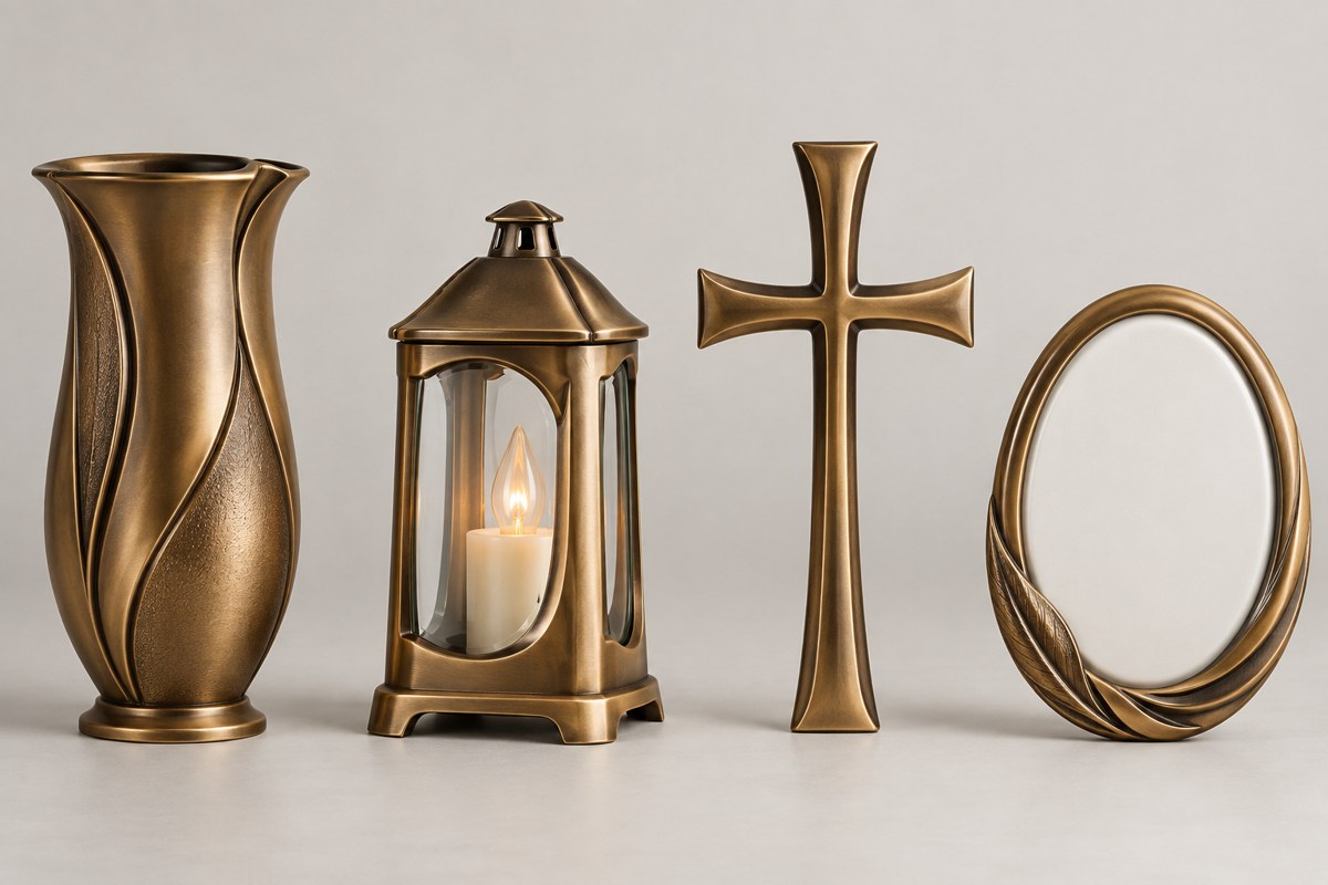 Esempi illustrativi di vaso, lume, croce e cornice per fotoceramica in bronzo