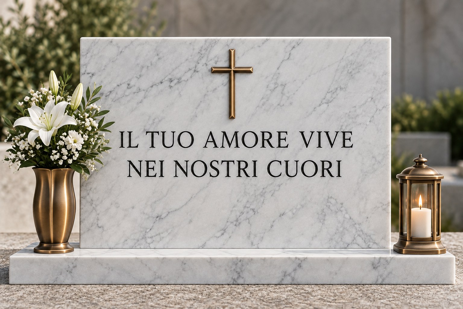 Esempio illustrativo: Bianco Carrara · Romano inciso. Il tuo amore vive nei nostri cuori Con vaso, lumino e croce in bronzo.
