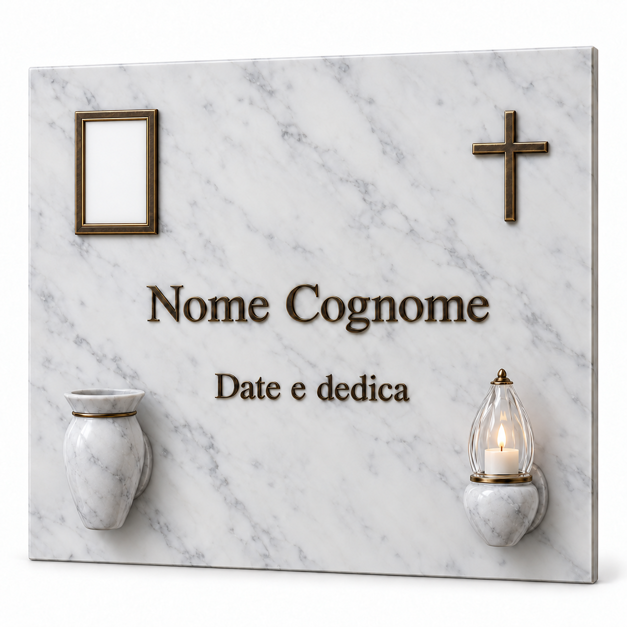 Epitaffio semplice realistico in Bianco Carrara CD, formato 90 × 85 cm, con cornice vuota, vaso e lume in marmo e croce in bronzo