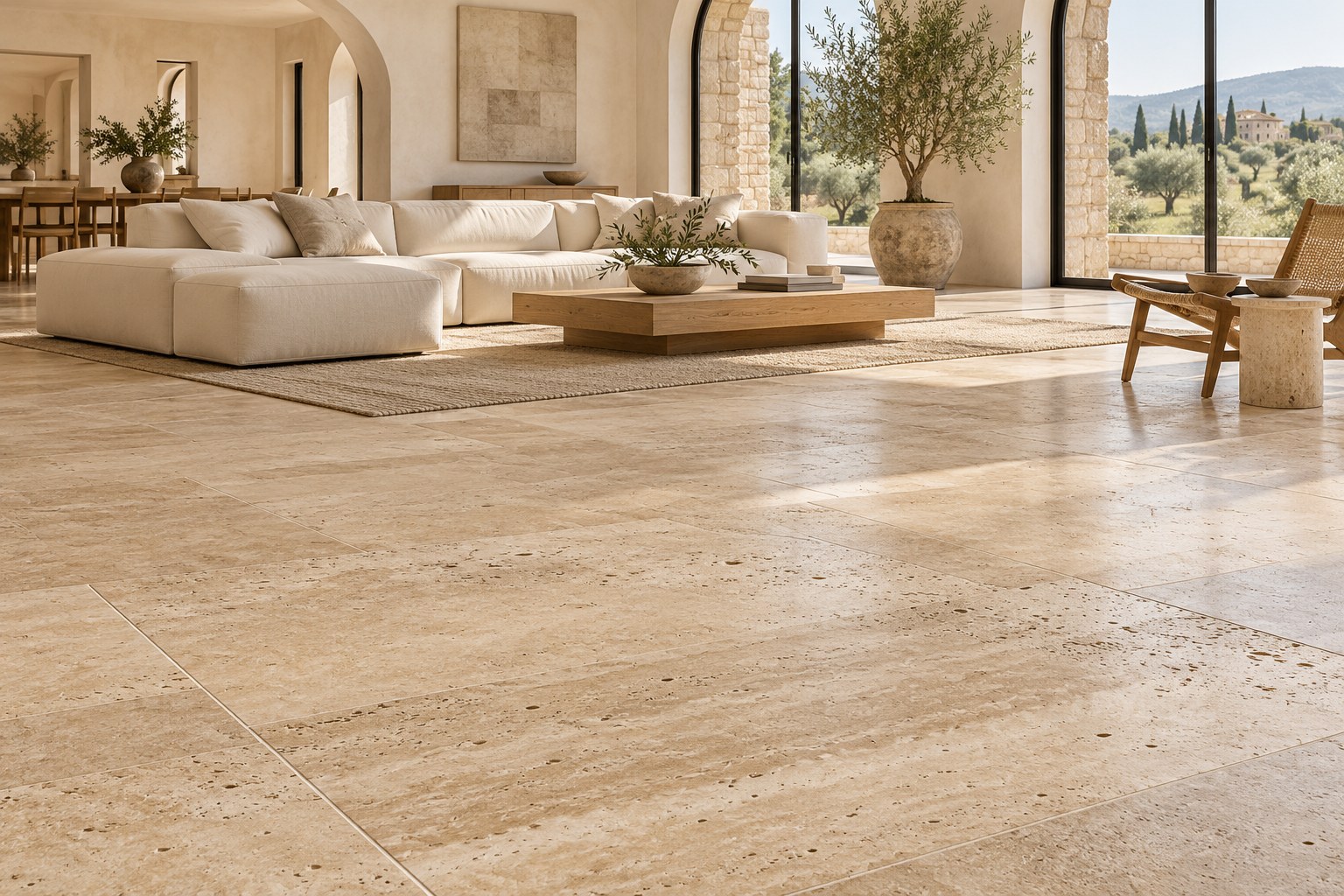 Immagine illustrativa: Soggiorno contemporaneo con pavimento in grandi lastre di travertino classico beige