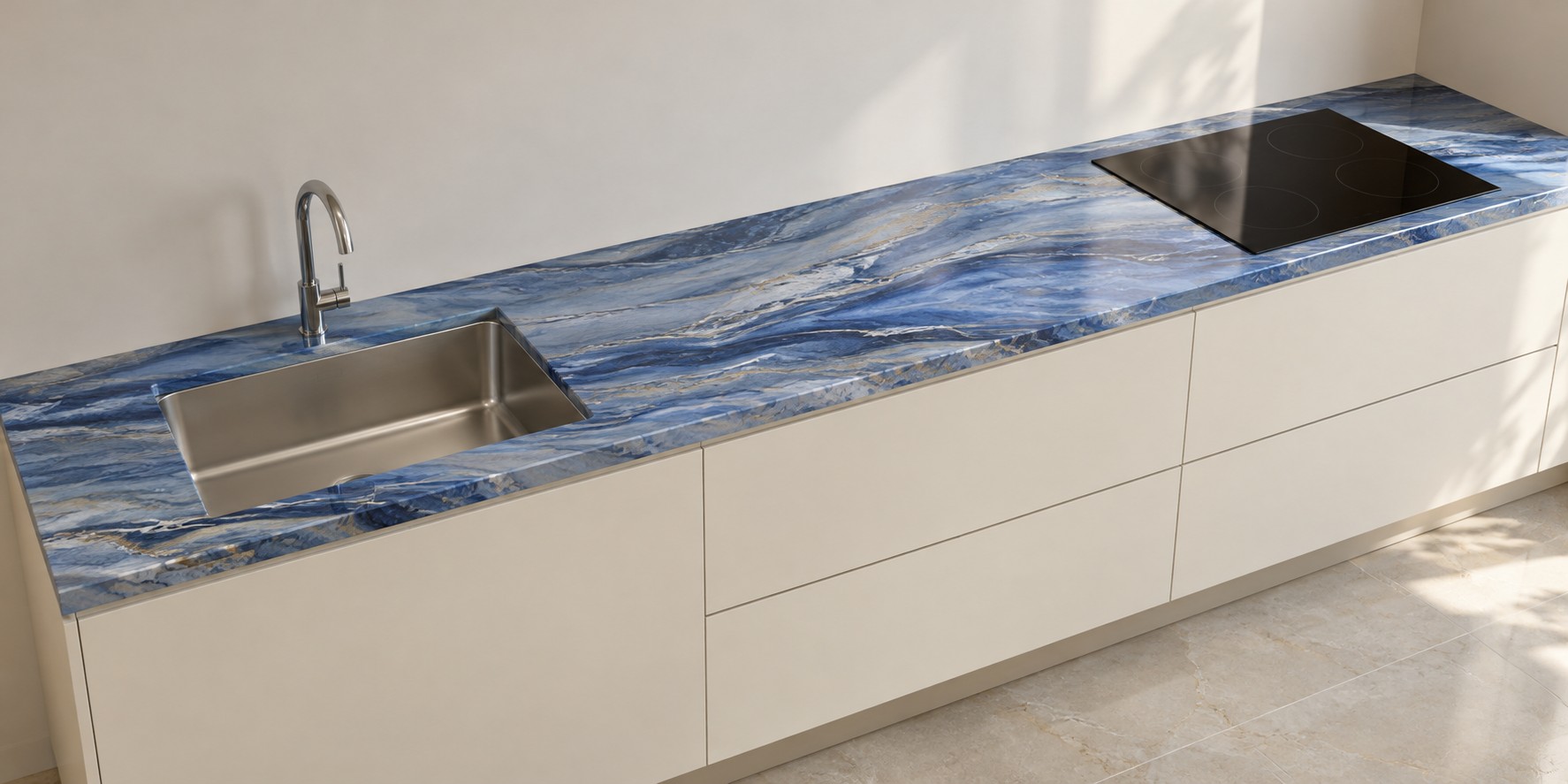 Esempio illustrativo di piano cucina in Quarzite Azul Macaubas