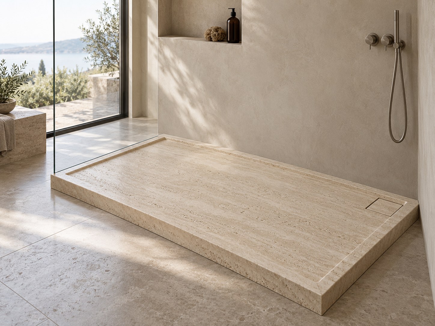 Immagine illustrativa: Piatto doccia rettangolare in travertino classico beige, con superficie stuccata e spazzolata e scarico quadrato laterale.