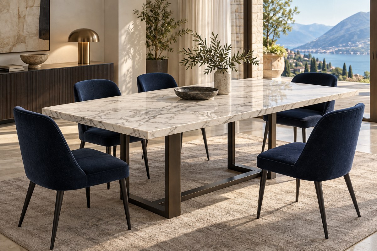 Esempio illustrativo di tavolo da pranzo con piano in marmo bianco e sedie blu