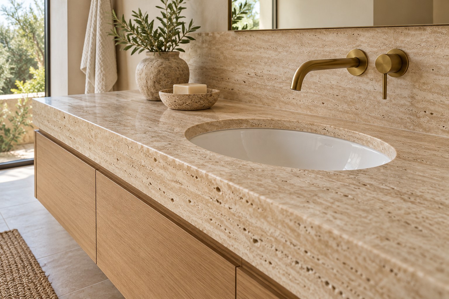 Immagine illustrativa: Top bagno in travertino beige con lavello ovale sottopiano e mobile in legno