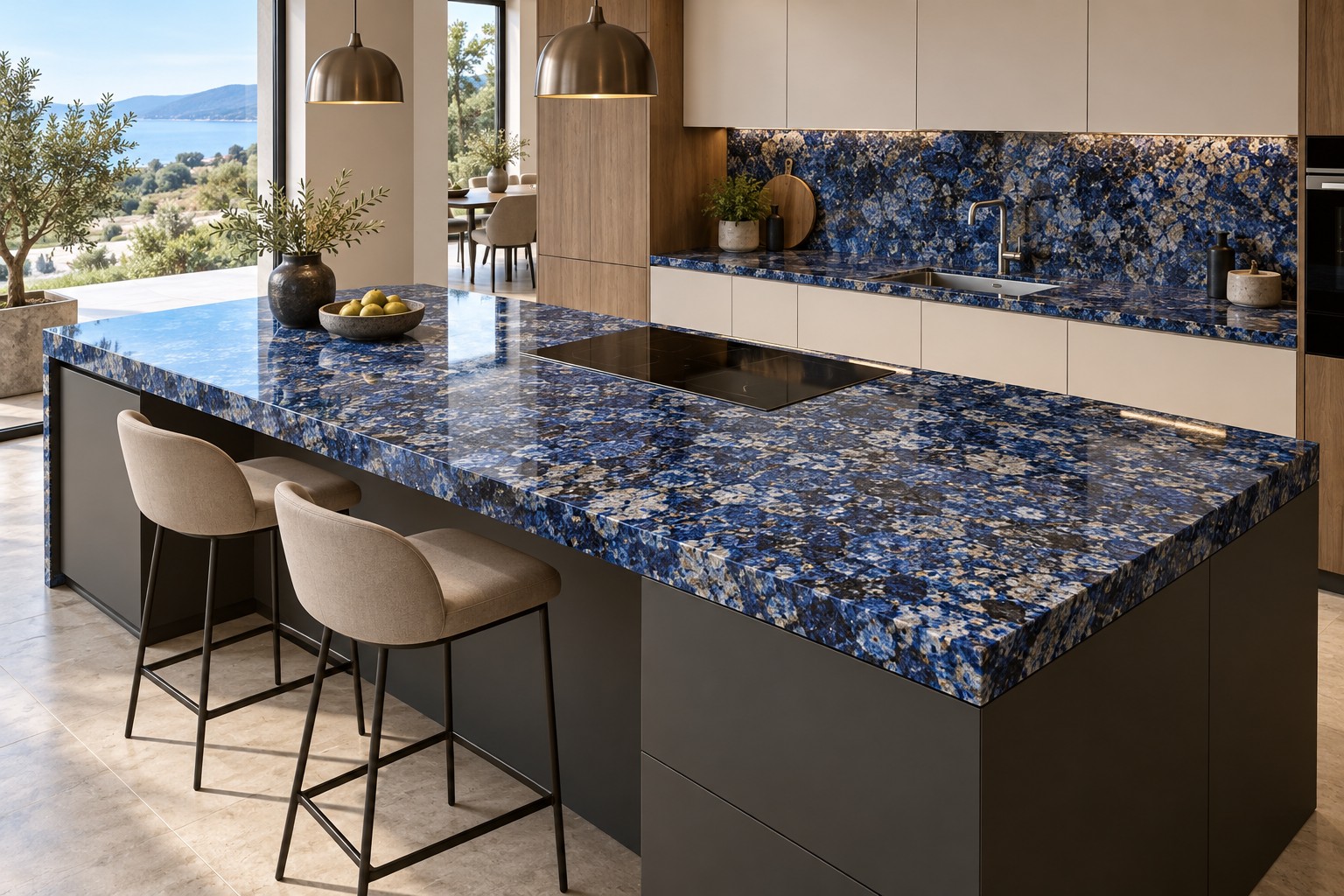 Esempio illustrativo di cucina moderna con top in Granito Blu Bahia